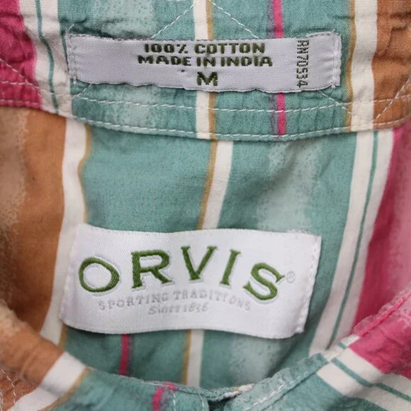 Orvis Shirt Mens Medium Green/Pink Striped 100% Cotton Short Sleeve Button - Picture 5 of 10